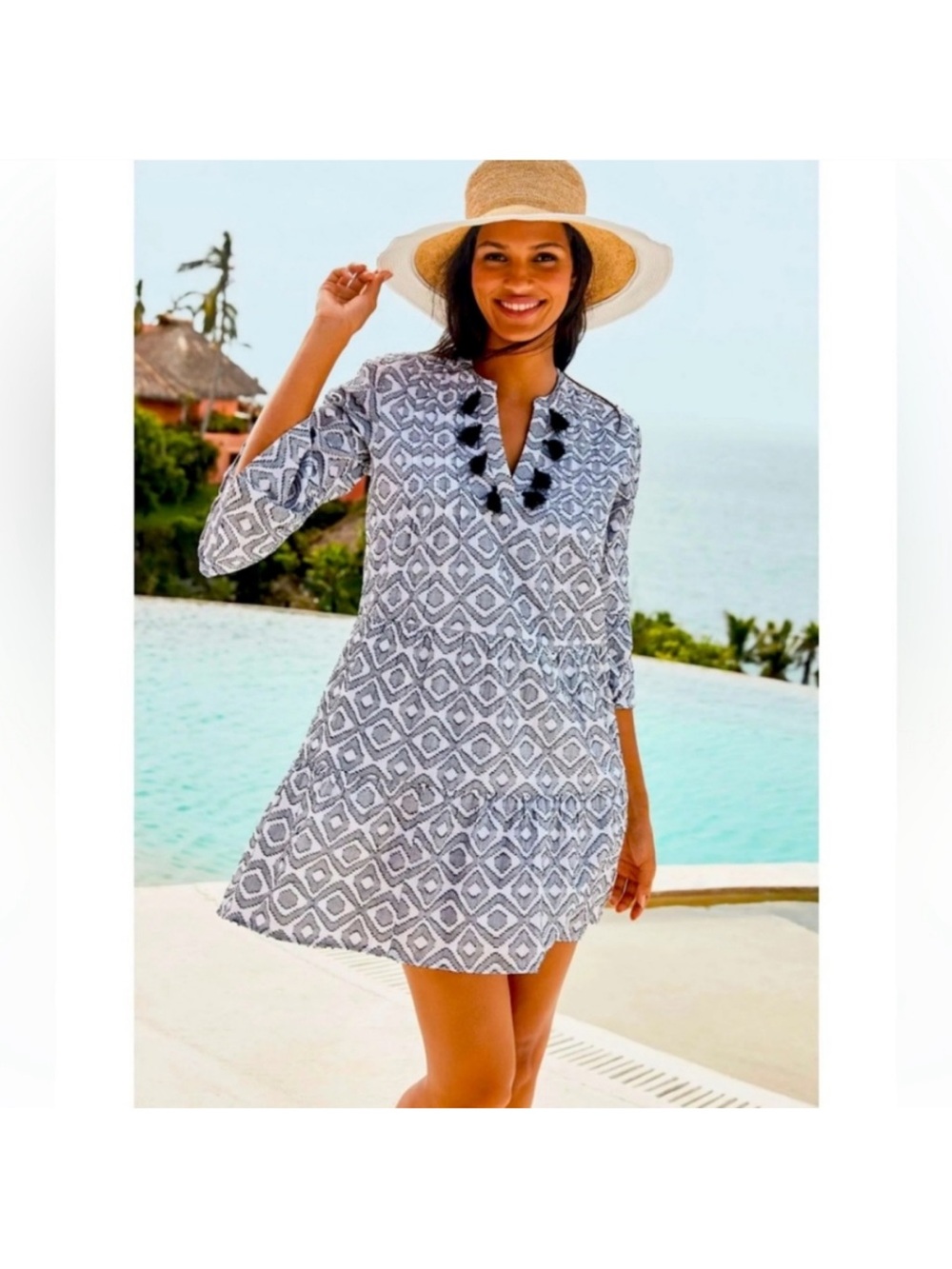 Tommy Bahama Blue  White Boho Diamond Cotton Tiered Dress With Tassels Size XS